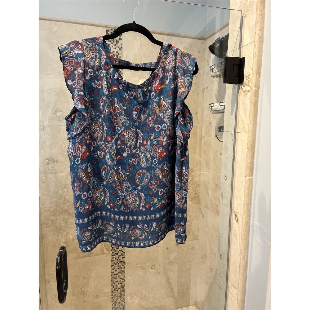 LOFT Women's L Blue Red Floral Sleeveless Tunic Blouse Ruffle Sleeve New